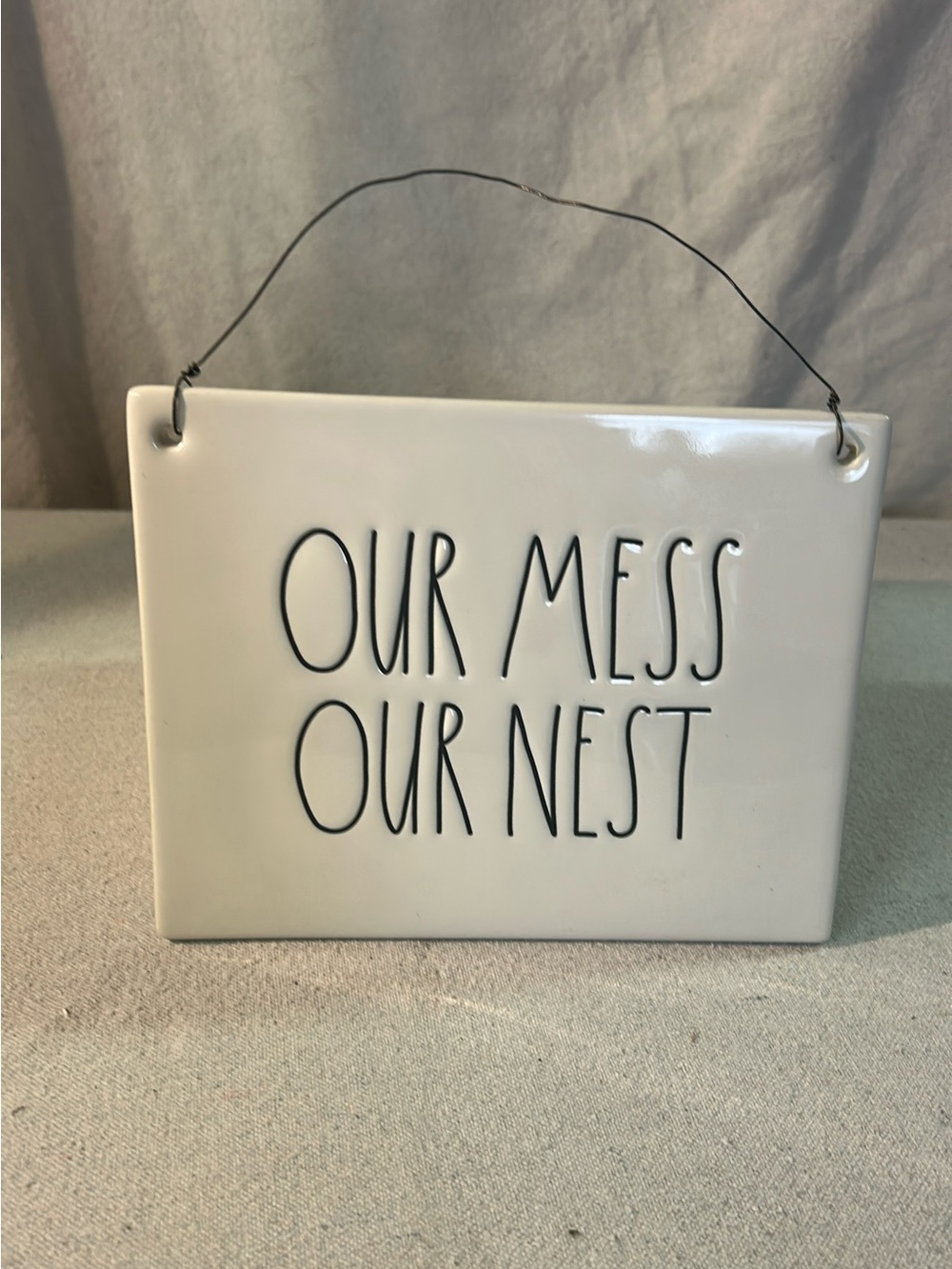 Rae Dunn White Ceramic Hanging Sign with Black Lettering